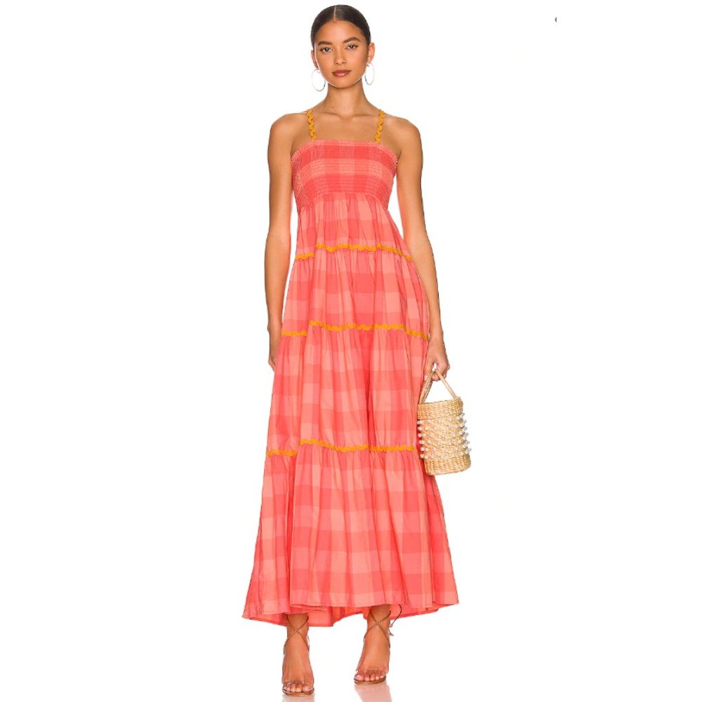 Neon Coral Gingham Summer Maxi Dress, Vinita - Sundress (XS/S)